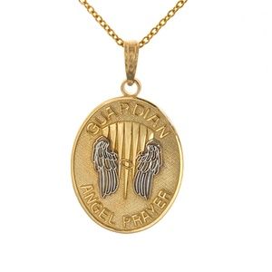 14k Yellow Gold Guardian Angel Wing Prayer Charm Necklace w White Rhodium Accent